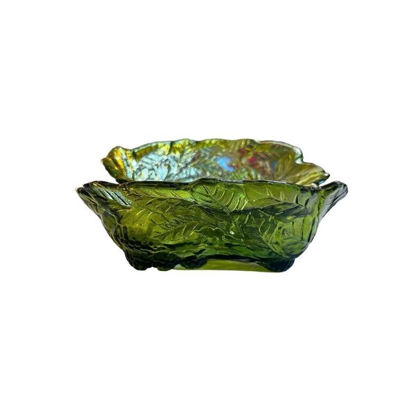 Vintage Loganberry Olive Green Dish Indiana Glass Co. Bowl Candy Dish Set of 2 - Picture 8 of 10